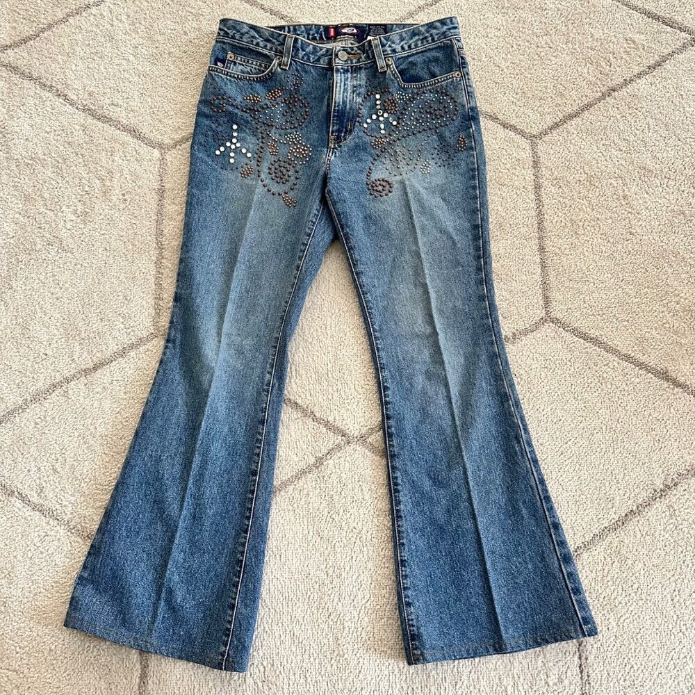 Y2K Bongo Rhinestone Embellished Hipster Flare Britney Style Denim Sz 9